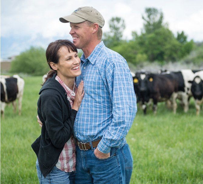 Two farmers standing in the pasture with cows.